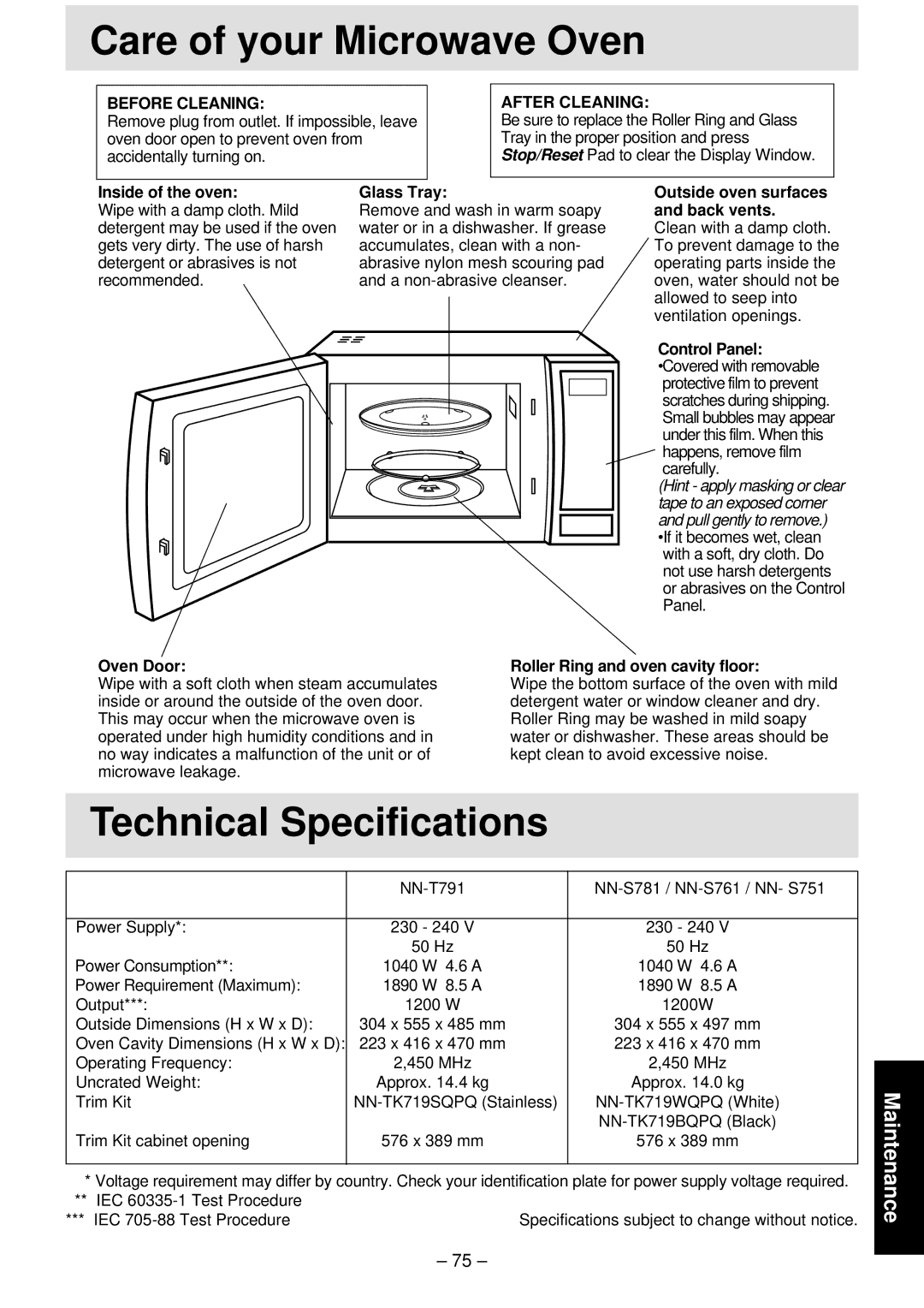 Panasonic NN-S781, NN-T791, NN-S761 manual Care of your Microwave Oven, Before Cleaning 