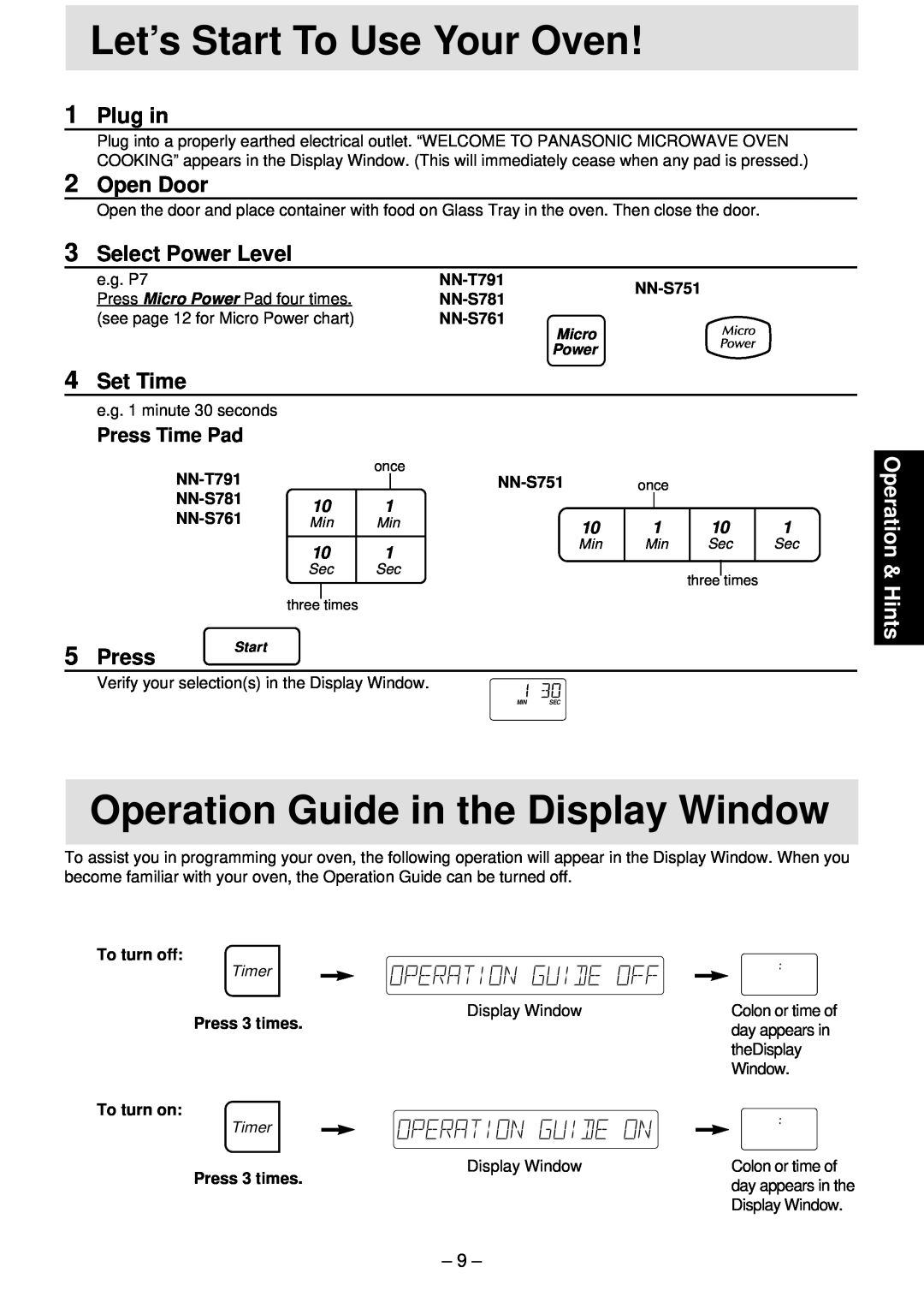 Panasonic NN-S781 Let’s Start To Use Your Oven, Operation Guide in the Display Window, Plug in, Open Door, Set Time, Press 