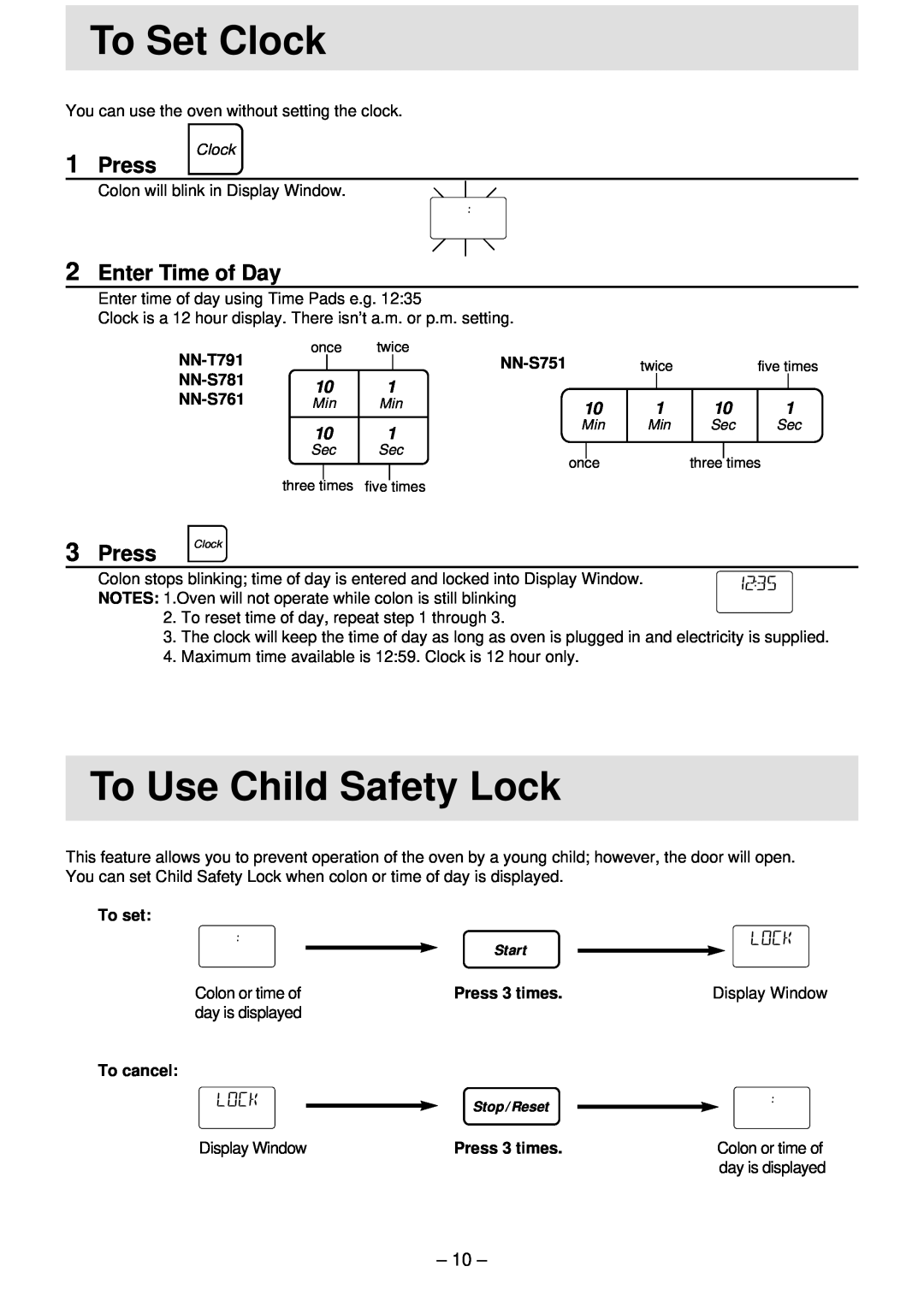 Panasonic NN-T791, NN-S761, NN-S781 manual To Set Clock, To Use Child Safety Lock, Press, Enter Time of Day 