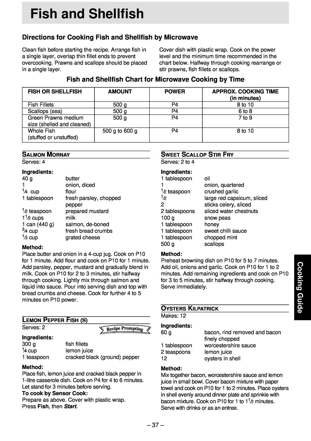 Panasonic NN-T791, NN-S761, NN-S781 manual Cooking Guide, Directions for Cooking Fish and Shellfish by Microwave 