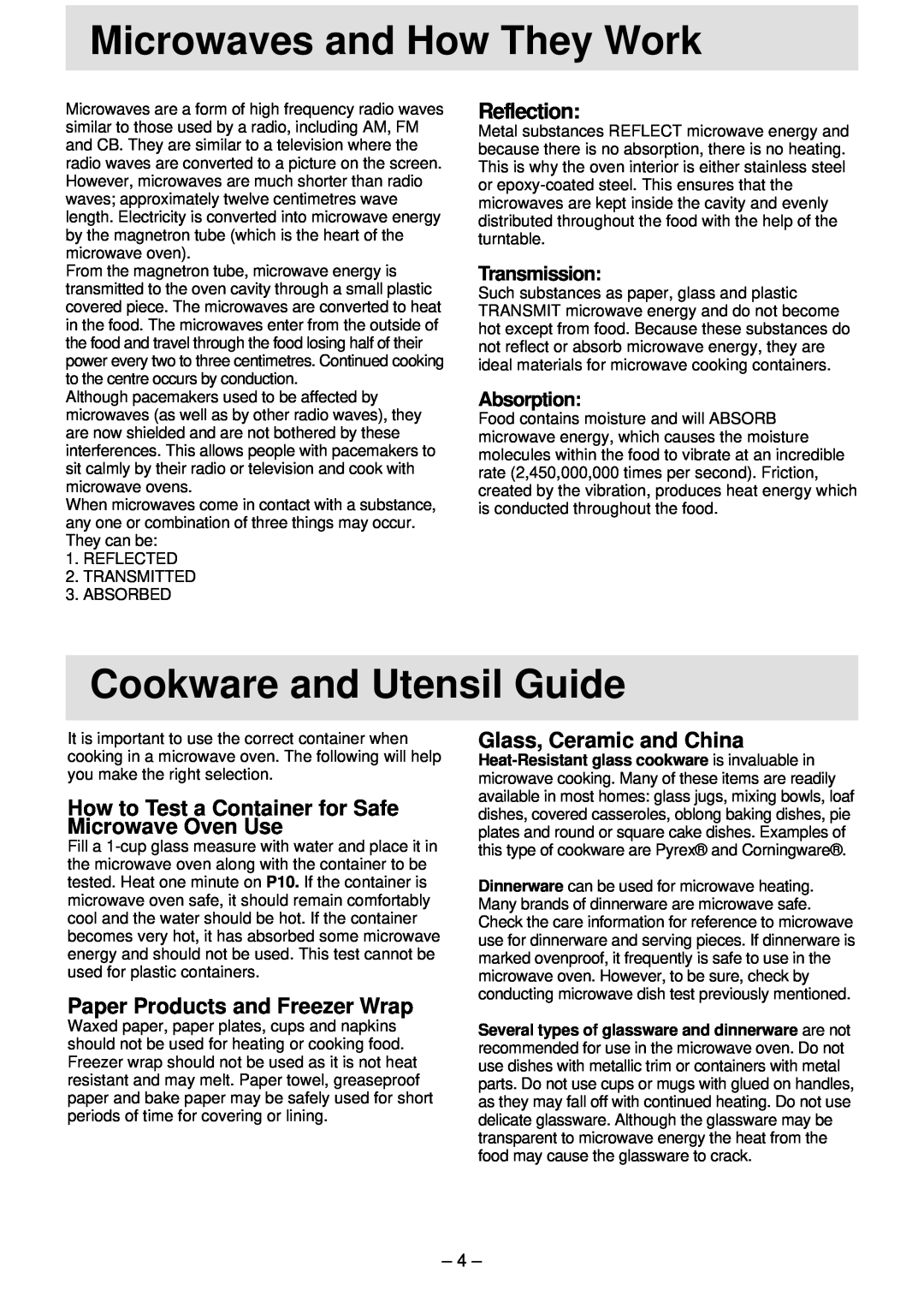 Panasonic NN-T791 Cookware and Utensil Guide, Reflection, How to Test a Container for Safe Microwave Oven Use, Absorption 