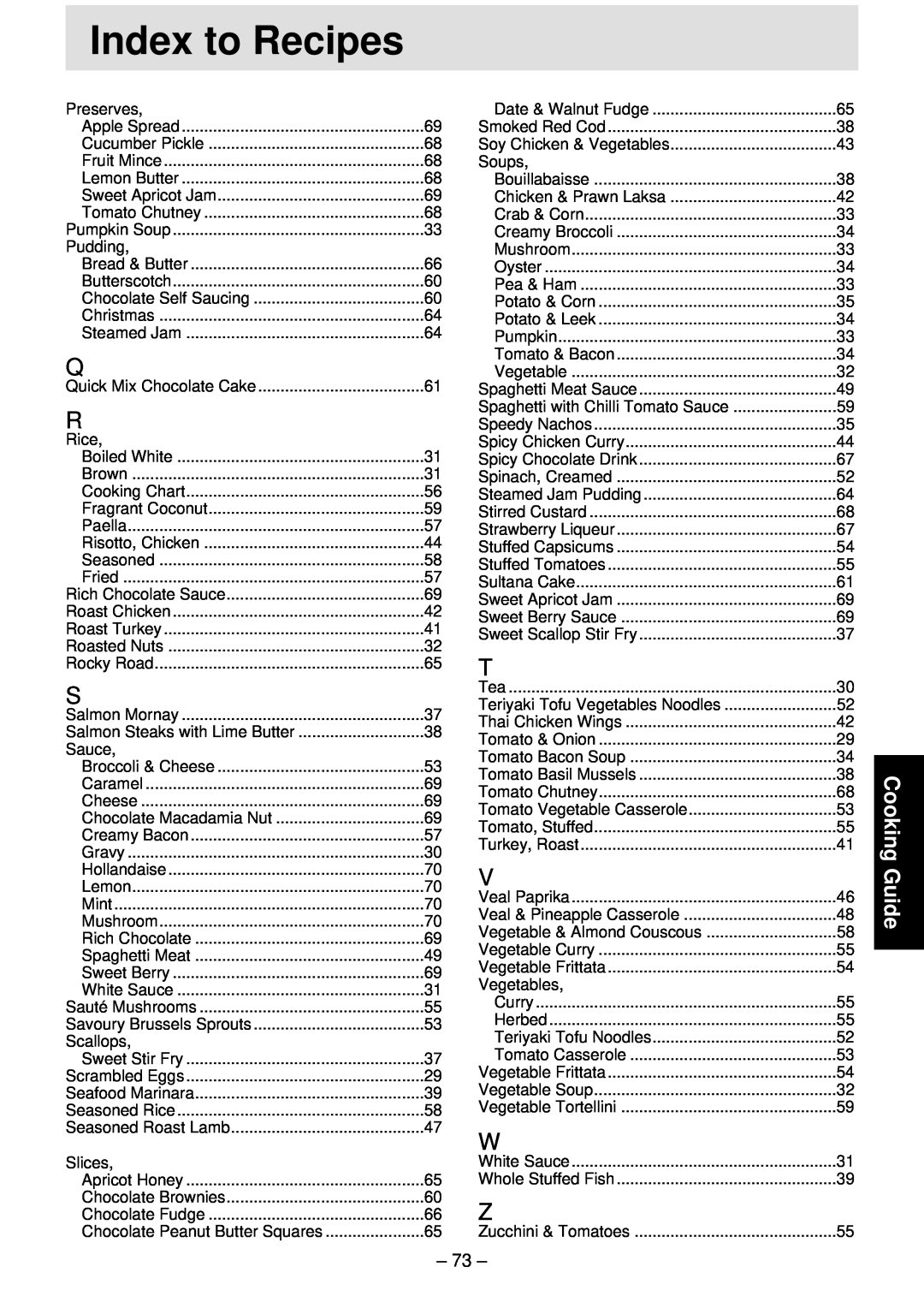 Panasonic NN-T791, NN-S761, NN-S781 manual Index to Recipes, Cooking Guide 