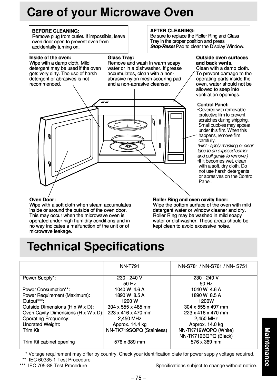 Panasonic NN-S781, NN-T791, NN-S761 manual Care of your Microwave Oven, Technical Specifications, Maintenance 