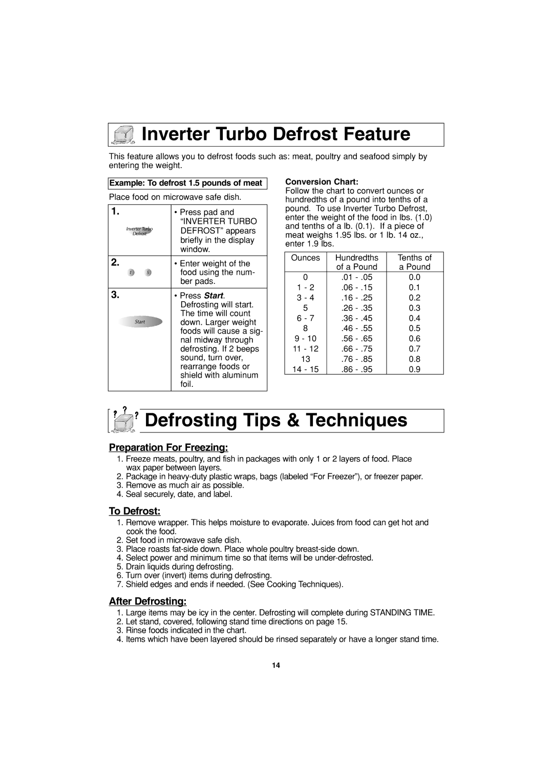 Panasonic NN-T793 Inverter Turbo Defrost Feature, Defrosting Tips & Techniques, Example To defrost 1.5 pounds of meat 