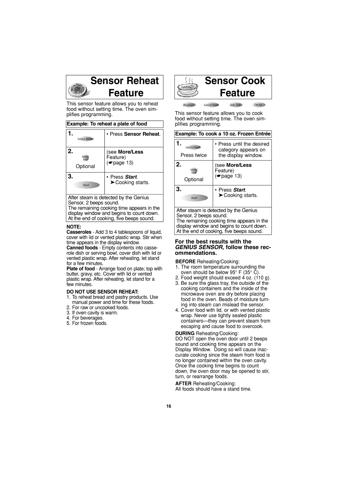 Panasonic NN-T793, NN-T993 Sensor Reheat Feature, Sensor Cook Feature, Example To cook a 10 oz. Frozen Entrée 