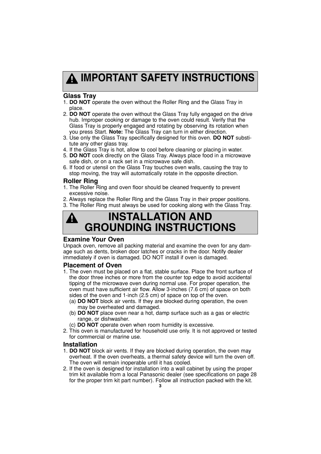 Panasonic NN-T993, NN-T793 Glass Tray, Roller Ring, Examine Your Oven, Placement of Oven, Installation 