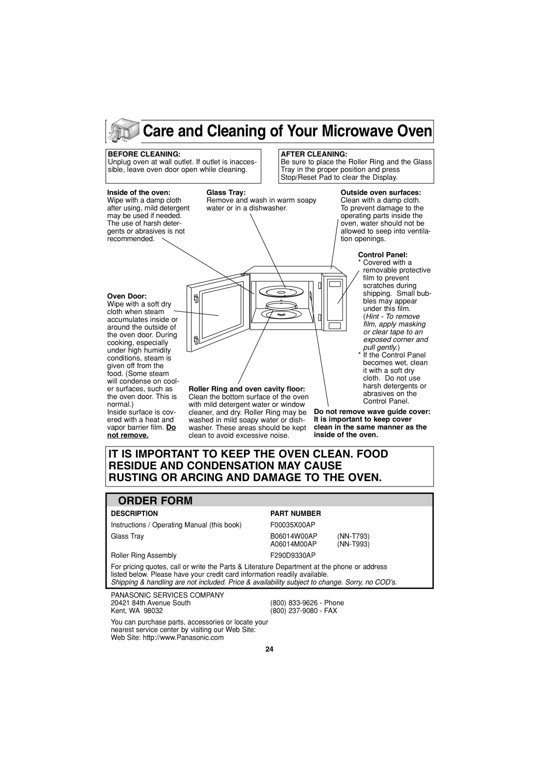 Panasonic NN-T793, NN-T993 operating instructions Care and Cleaning of Your Microwave Oven, Order Form 