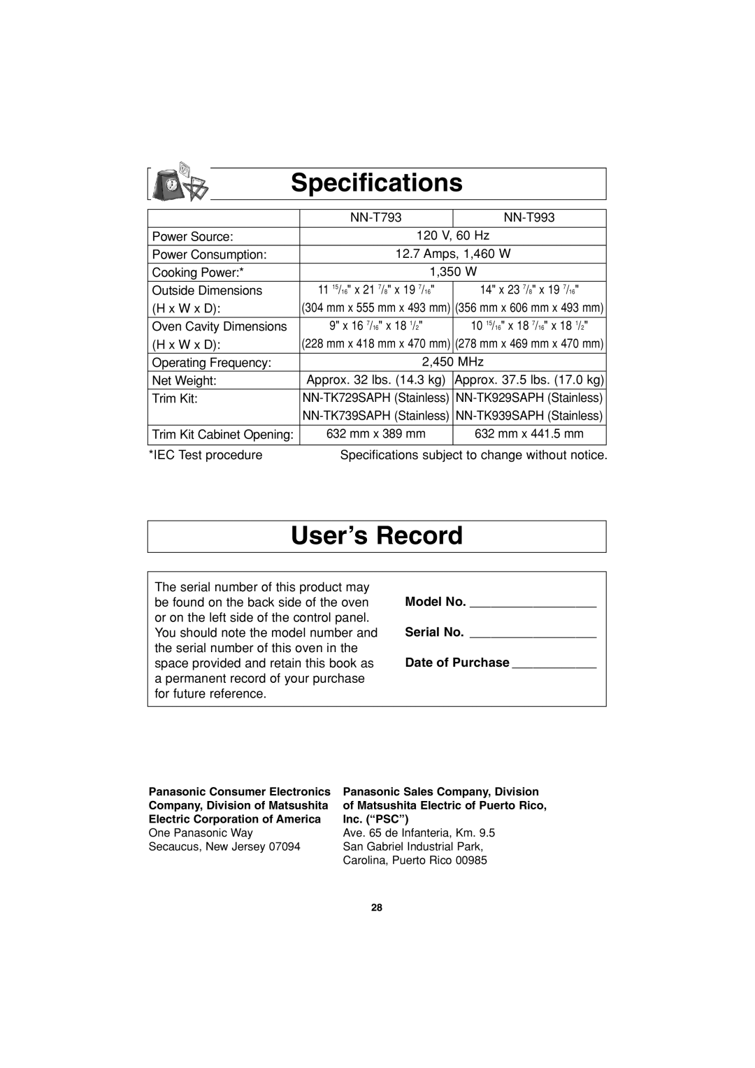 Panasonic NN-T793, NN-T993 operating instructions Specifications, User’s Record, Model No, Serial No, Date of Purchase 