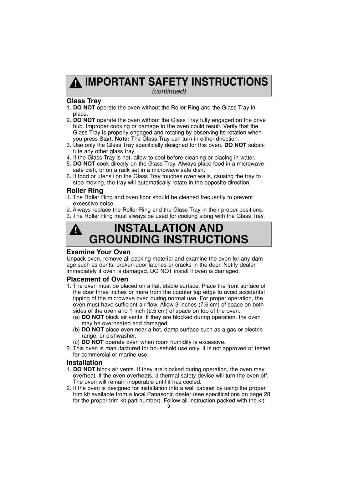 Panasonic NN-T993 Installation And Grounding Instructions, Glass Tray, Roller Ring, Examine Your Oven, Placement of Oven 