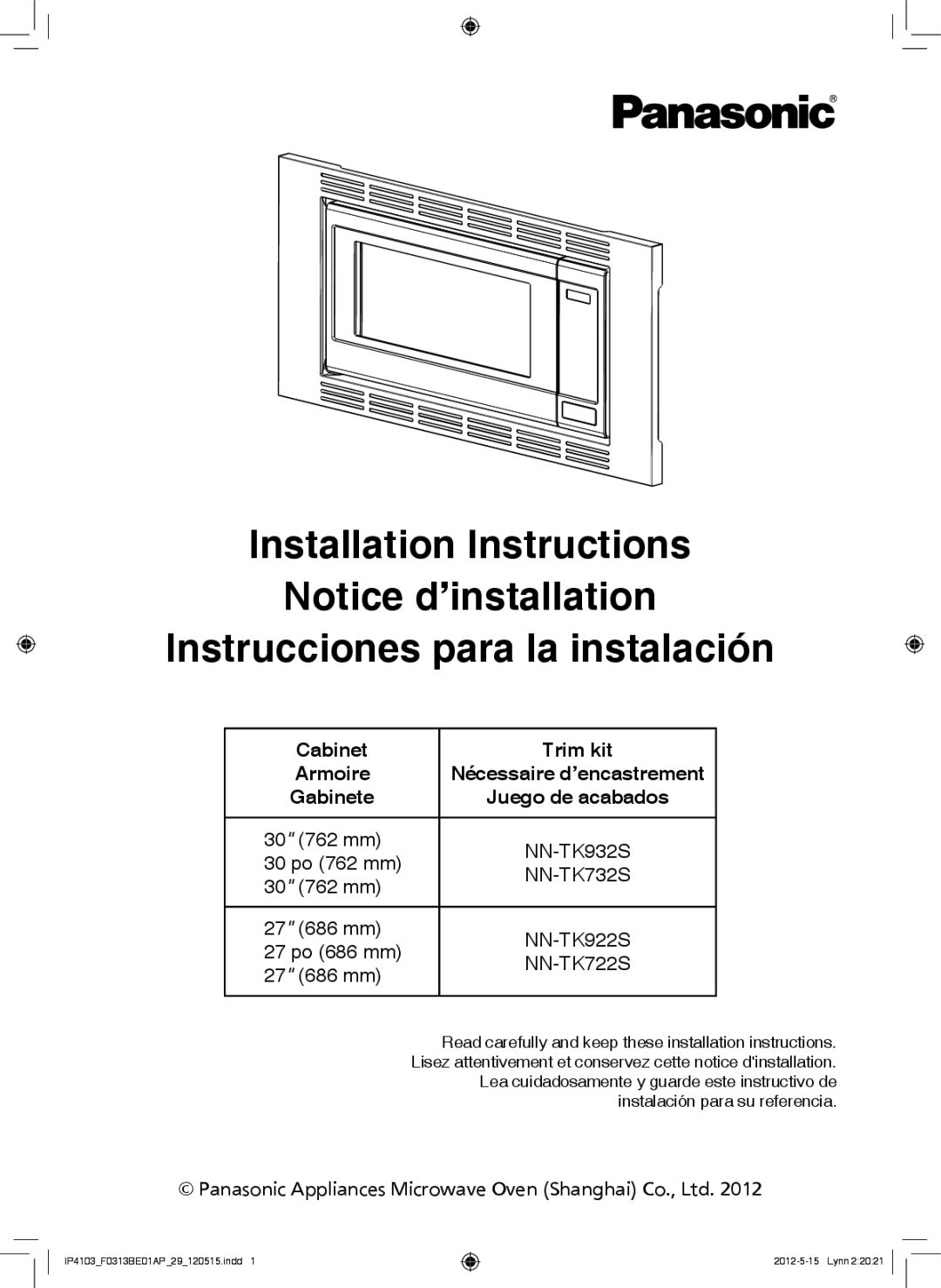 Panasonic NN-TK932S, NN-TK722S installation instructions Installation Instructions Instrucciones para la instalación 