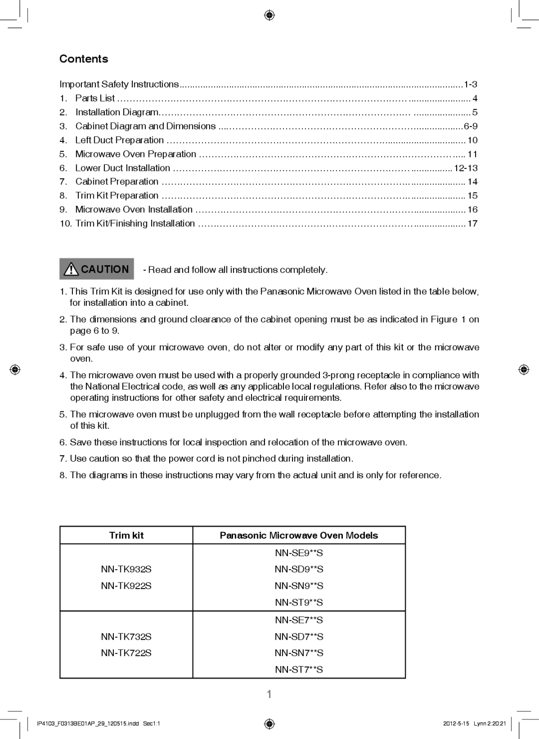 Panasonic NN-TK922S, NN-TK722S, NN-TK932S, NN-TK732S installation instructions Contents 