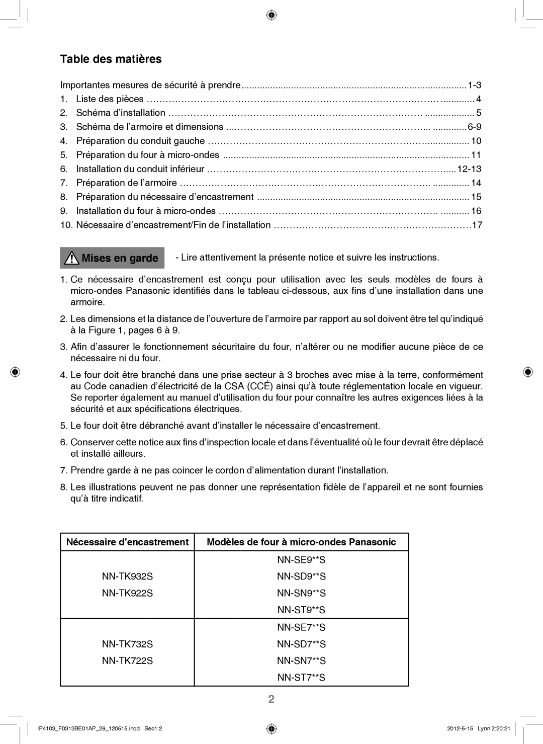 Panasonic NN-TK732S, NN-TK722S, NN-TK932S, NN-TK922S installation instructions Table des matières 