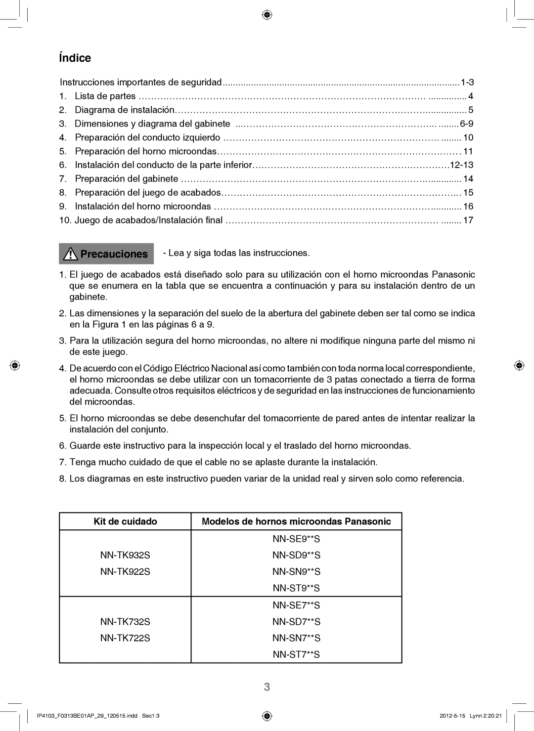 Panasonic NN-TK722S, NN-TK932S, NN-TK922S, NN-TK732S Índice, Kit de cuidado Modelos de hornos microondas Panasonic 