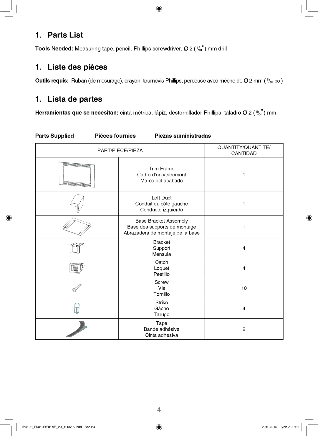 Panasonic NN-TK932S, NN-TK722S, NN-TK922S, NN-TK732S installation instructions Parts List 