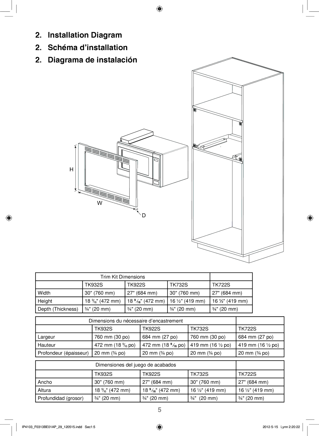 Panasonic NN-TK922S, NN-TK722S, NN-TK932S, NN-TK732S installation instructions ¾ 20 mm 