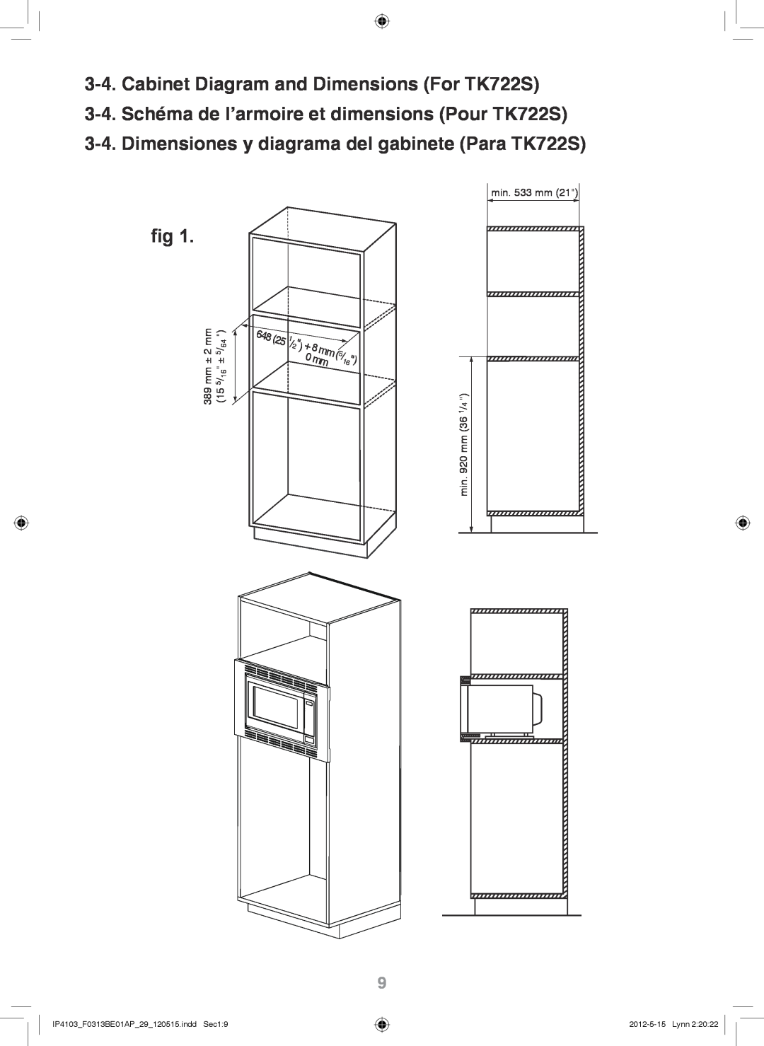 Panasonic NN-TK922S Cabinet Diagram and Dimensions For TK722S, 3-4.Schéma de l’armoire et dimensions Pour TK722S 