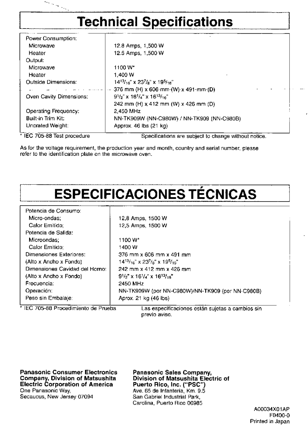 Panasonic NNC980B manual 