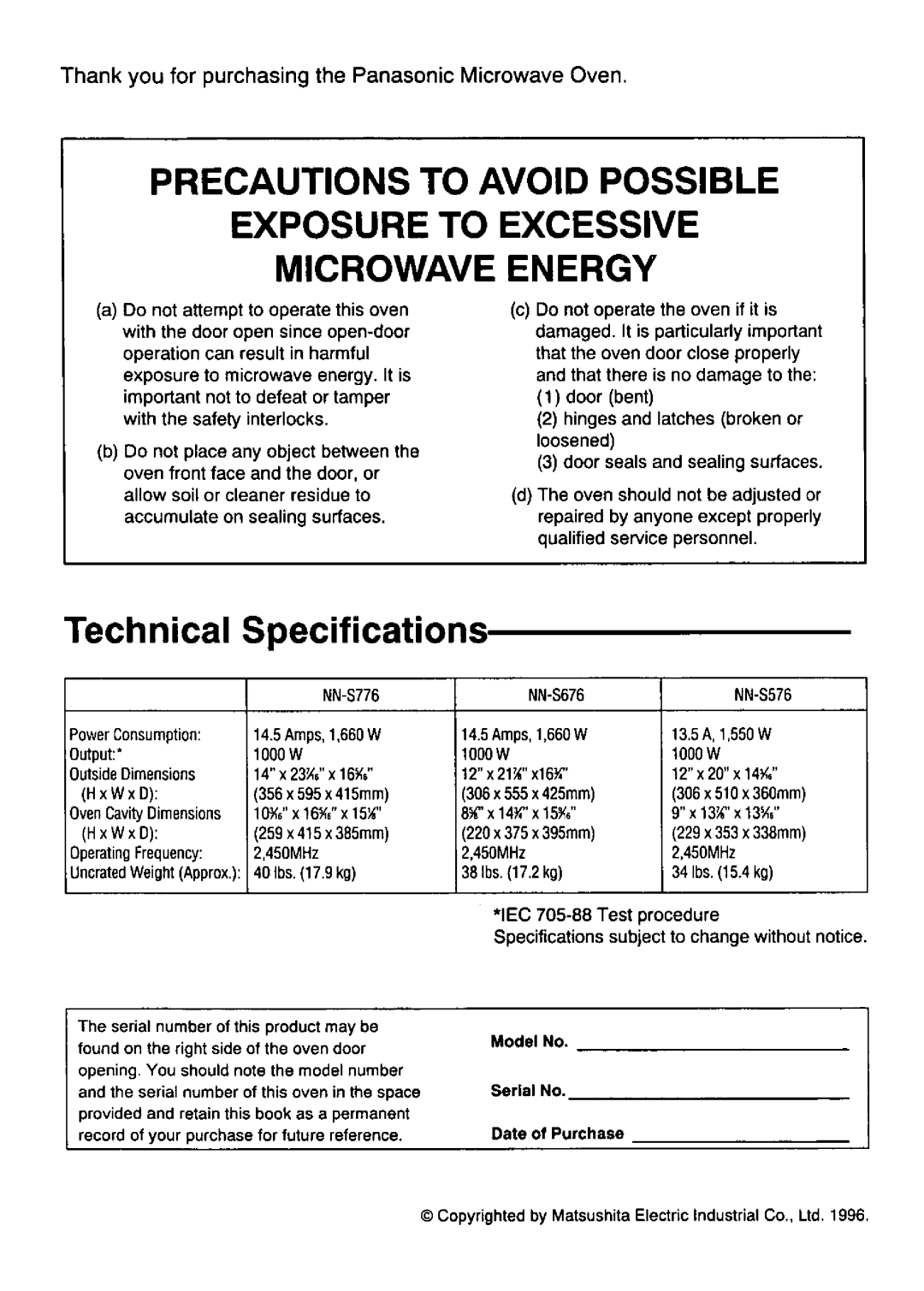 Panasonic NNS776, NNS676, NNS576 manual 