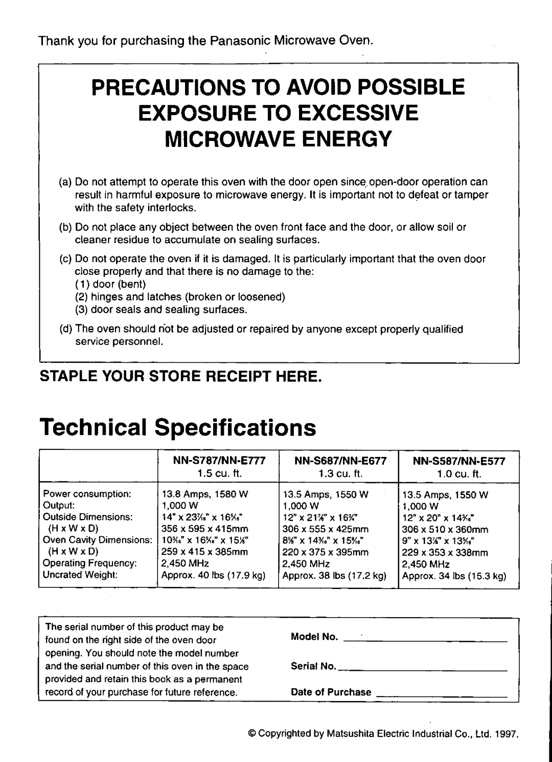 Panasonic NNS787 manual 