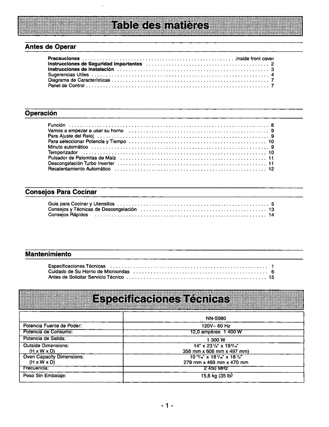 Panasonic NNS980BA manual 