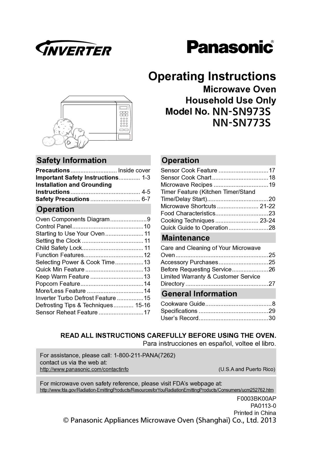 Panasonic NNSN773S important safety instructions Safety Information, Operation, Maintenance, General Information 