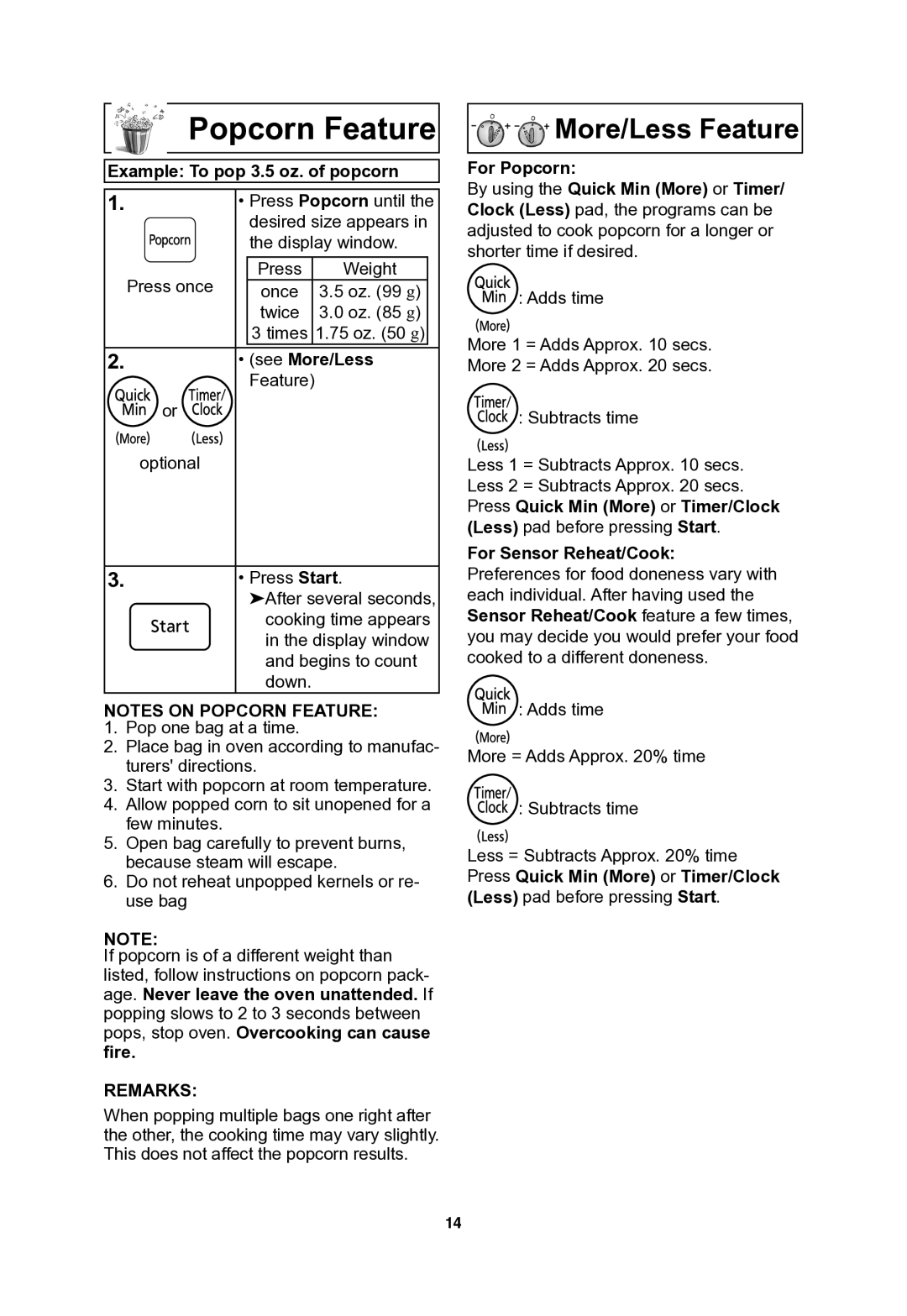 Panasonic NNSN773S important safety instructions Example To pop 3.5 oz. of popcorn, See More/Less Feature 