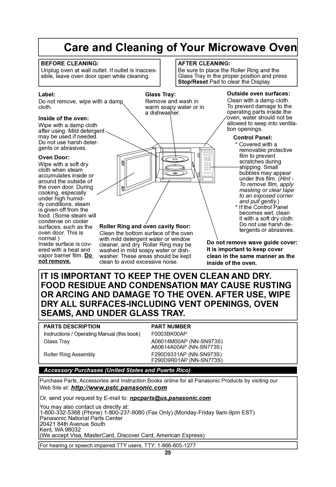 Panasonic NNSN773S important safety instructions Care and Cleaning of Your Microwave Oven 