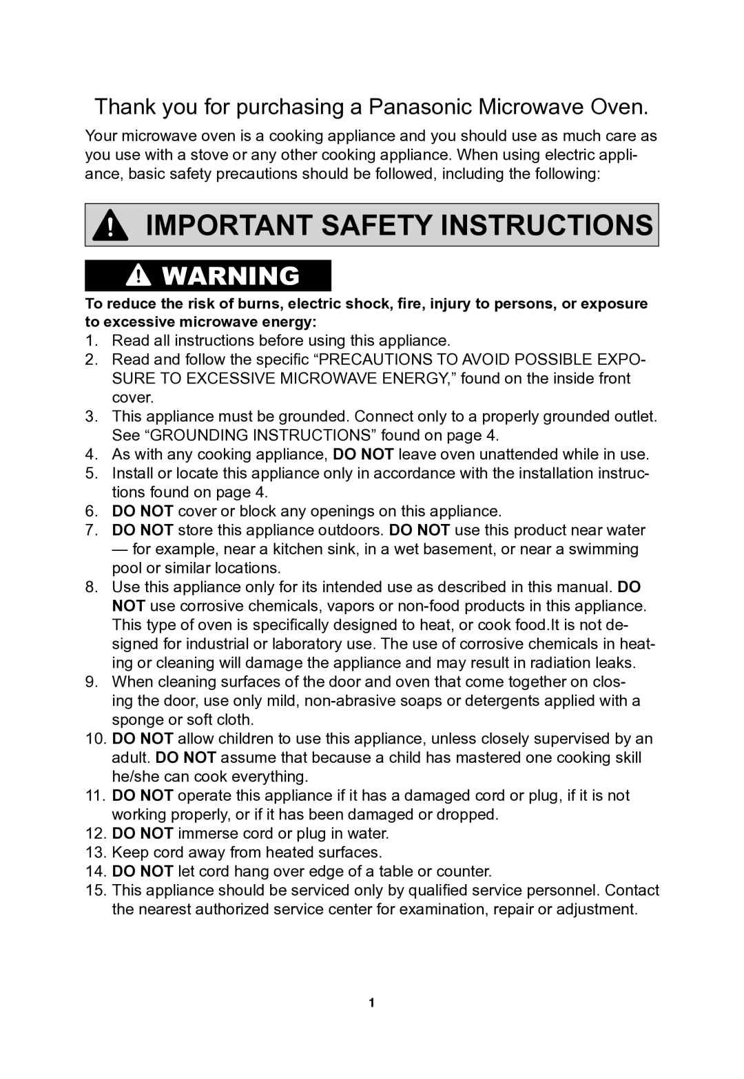 Panasonic NNSN773S important safety instructions Important Safety Instructions 