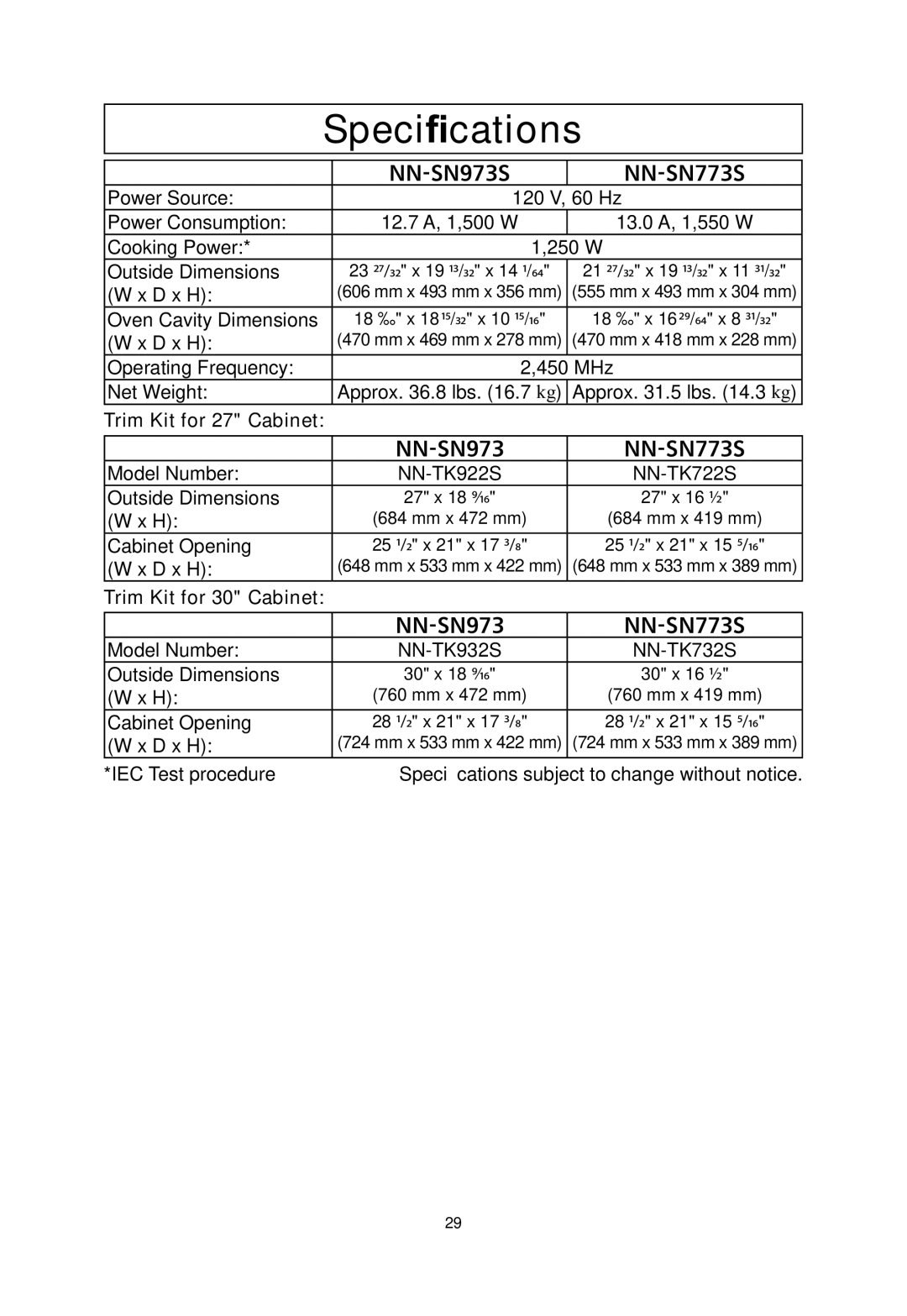 Panasonic NNSN773S important safety instructions Speciﬁcations, NN-SN973S NN-SN773S 