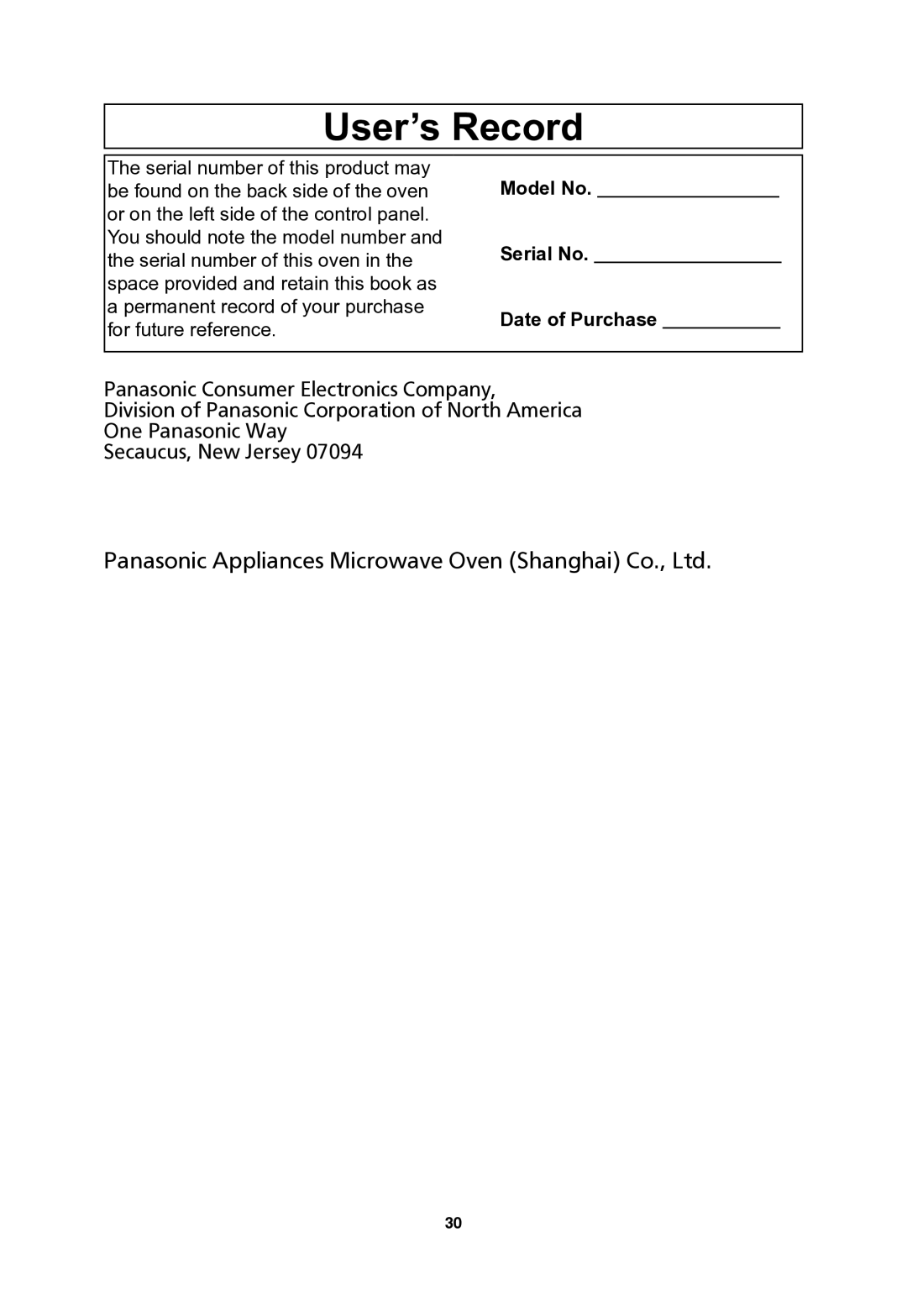 Panasonic NNSN773S important safety instructions User’s Record, Model No Serial No Date of Purchase 