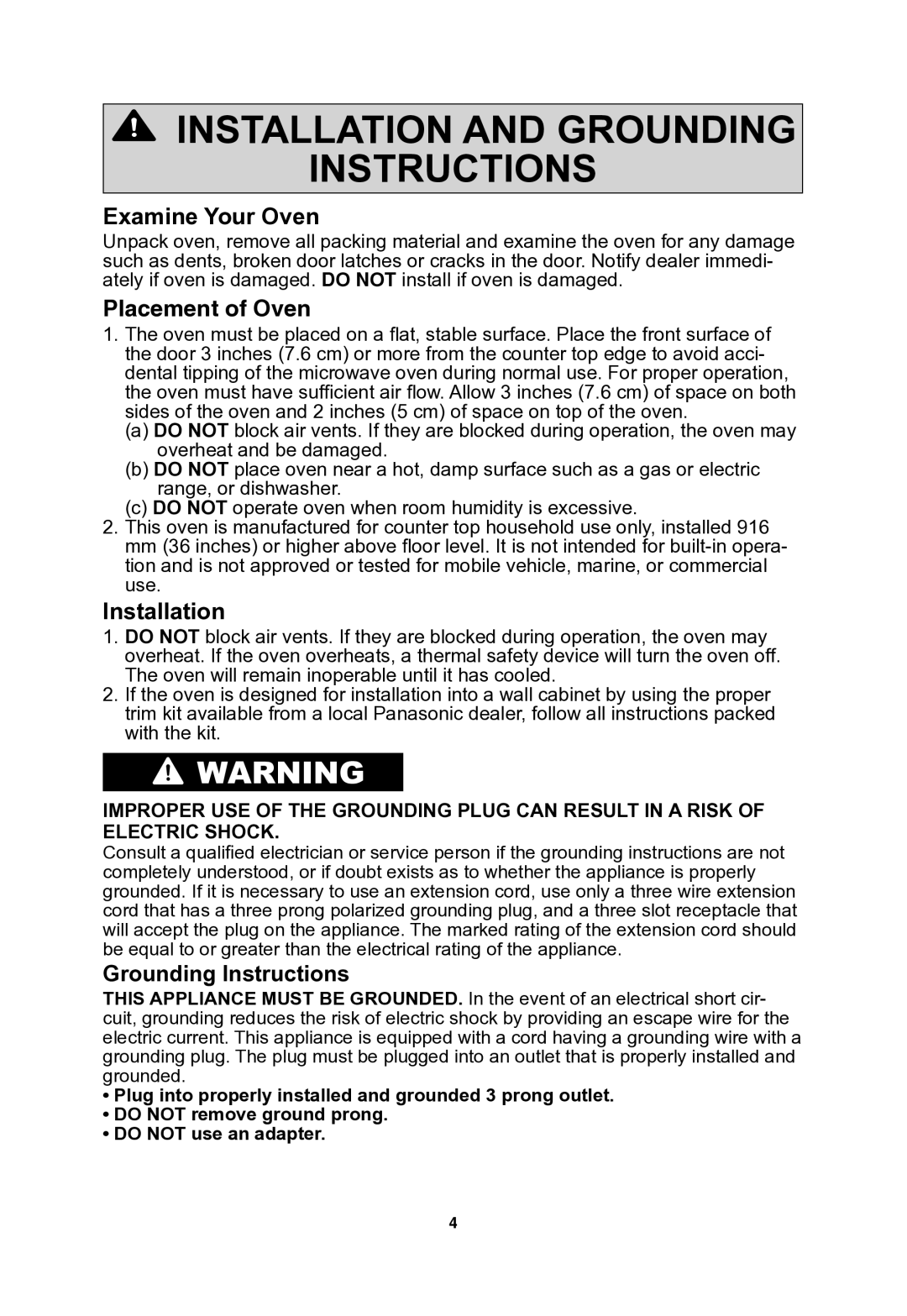 Panasonic NNSN773S important safety instructions Examine Your Oven, Placement of Oven, Installation, Grounding Instructions 