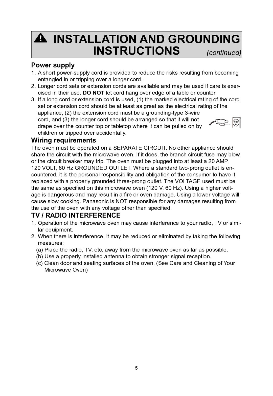 Panasonic NNSN773S important safety instructions Instructions, Power supply, Wiring requirements 