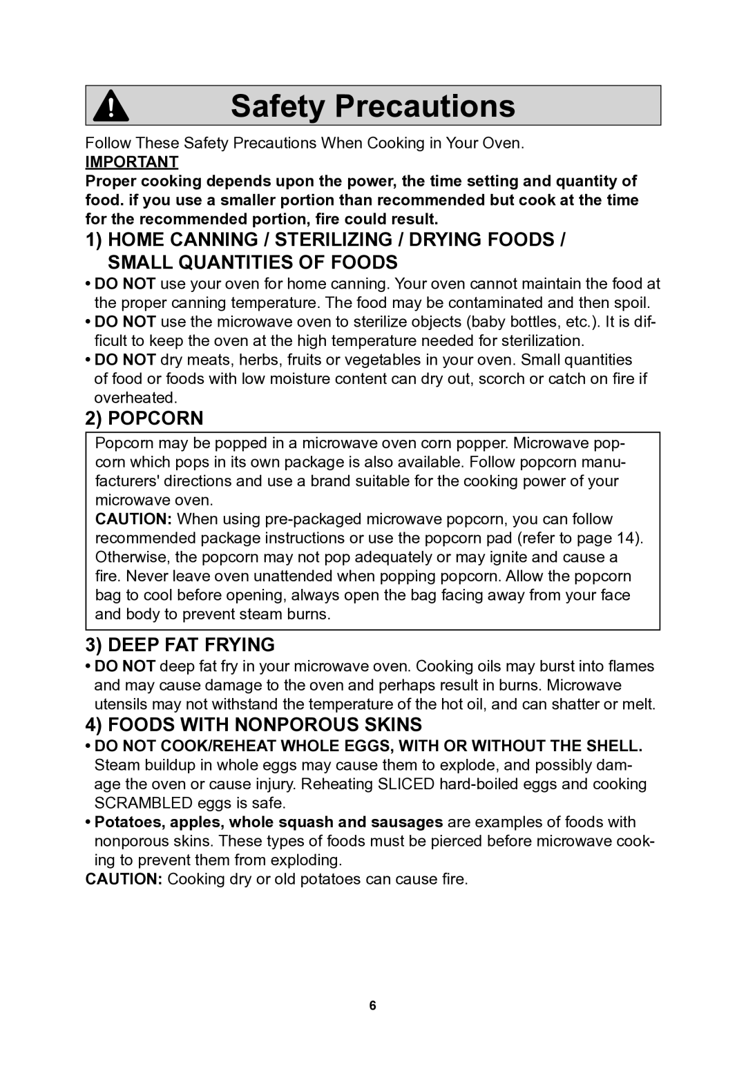 Panasonic NNSN773S important safety instructions Safety Precautions, Popcorn 