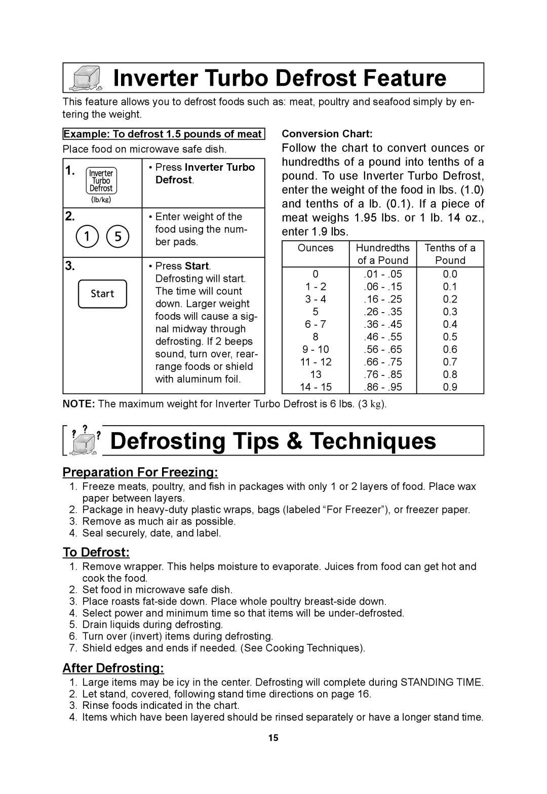 Panasonic NNSN773S Inverter Turbo Defrost Feature, Defrosting Tips & Techniques, Preparation For Freezing, To Defrost 