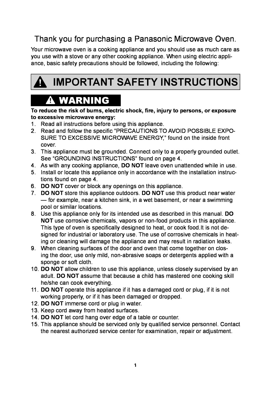 Panasonic NNSN773S important safety instructions Important Safety Instructions 