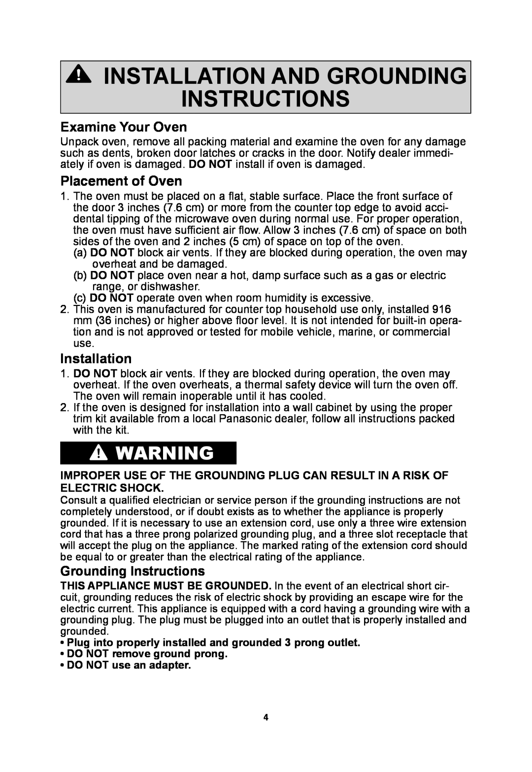 Panasonic NNSN773S Installation And Grounding Instructions, Examine Your Oven, Placement of Oven, •DO NOT use an adapter 