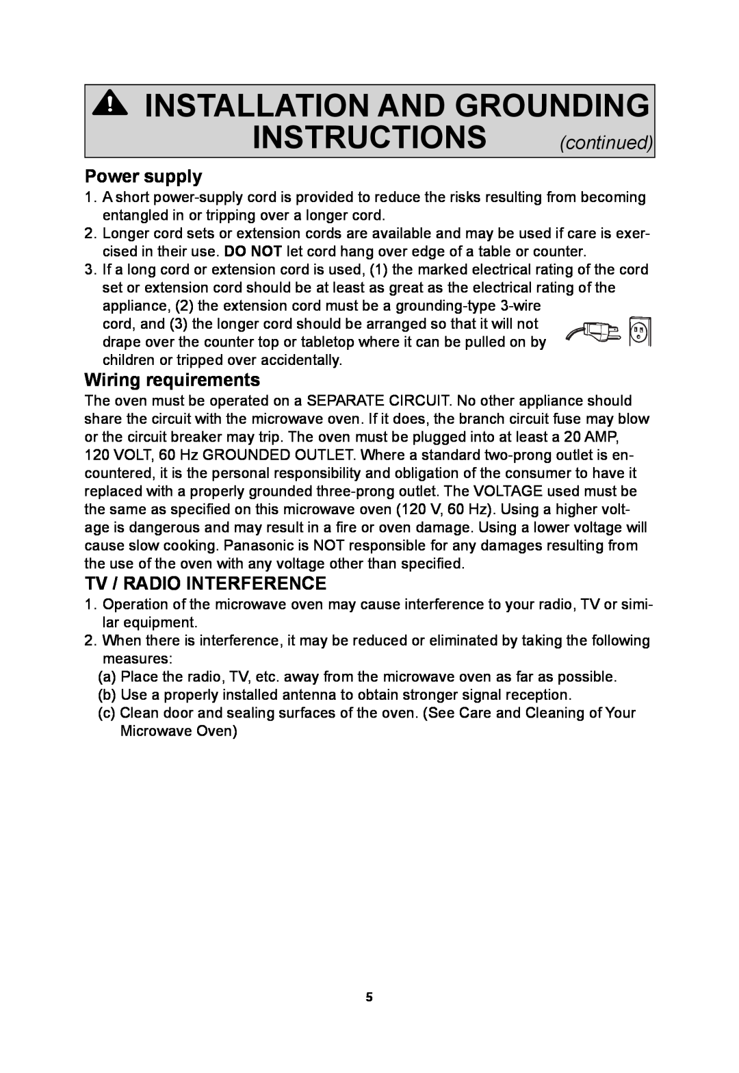 Panasonic NNSN773S INSTALLATION AND GROUNDING INSTRUCTIONS continued, Power supply, Wiring requirements 