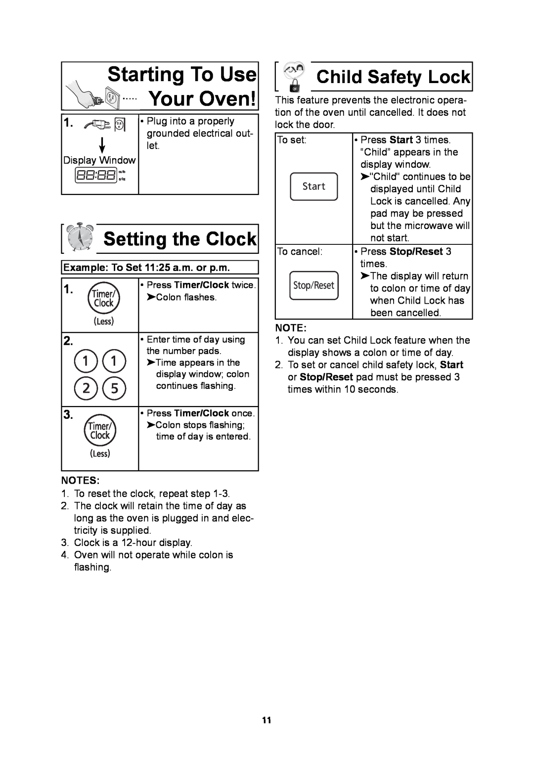 Panasonic NNSN973S important safety instructions Starting To Use Your Oven, Setting the Clock, Child Safety Lock 