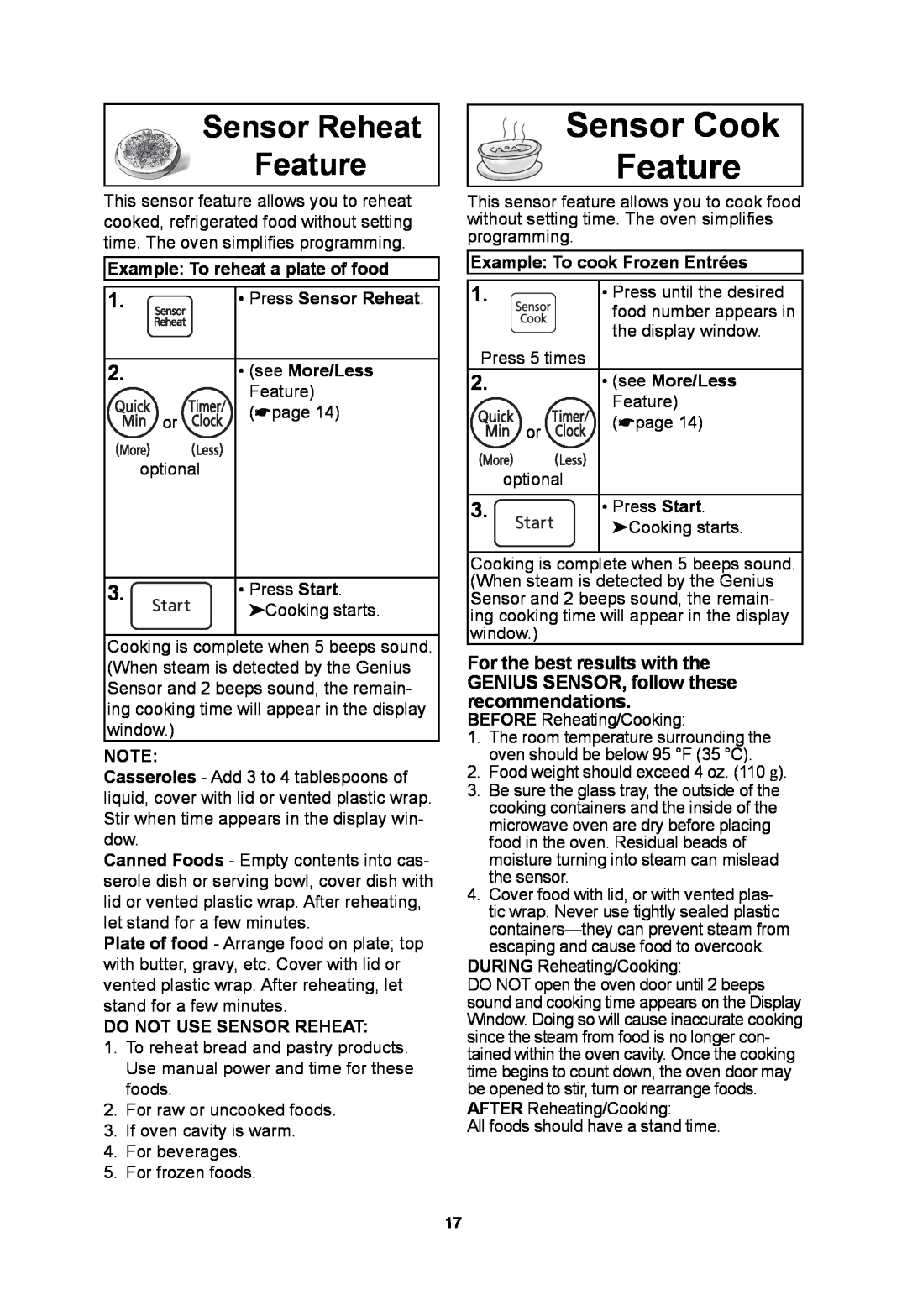 Panasonic NNSN973S important safety instructions Sensor Cook Feature, Sensor Reheat Feature 
