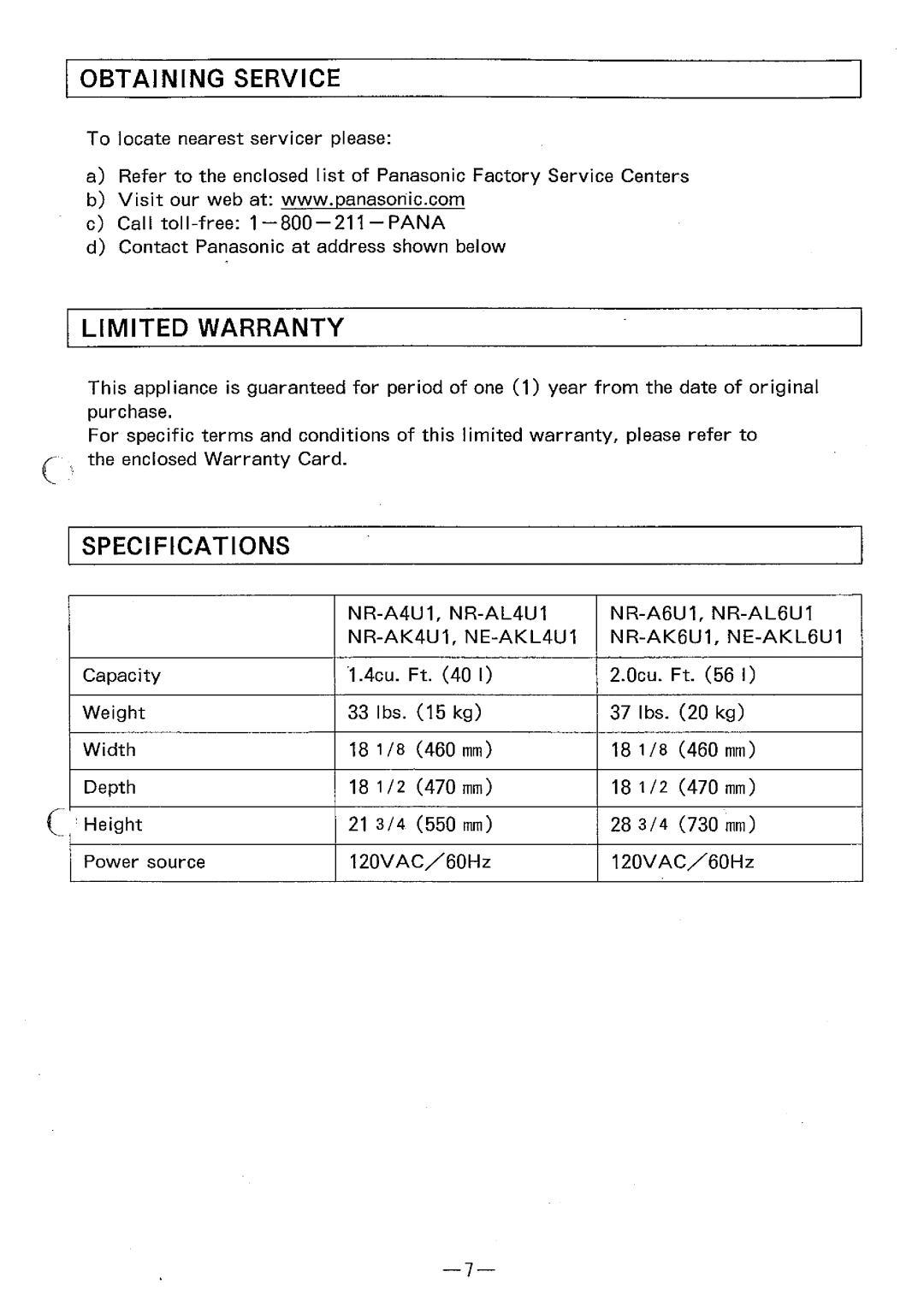 Panasonic NR-A4U1, NR-AK4U1 manual 