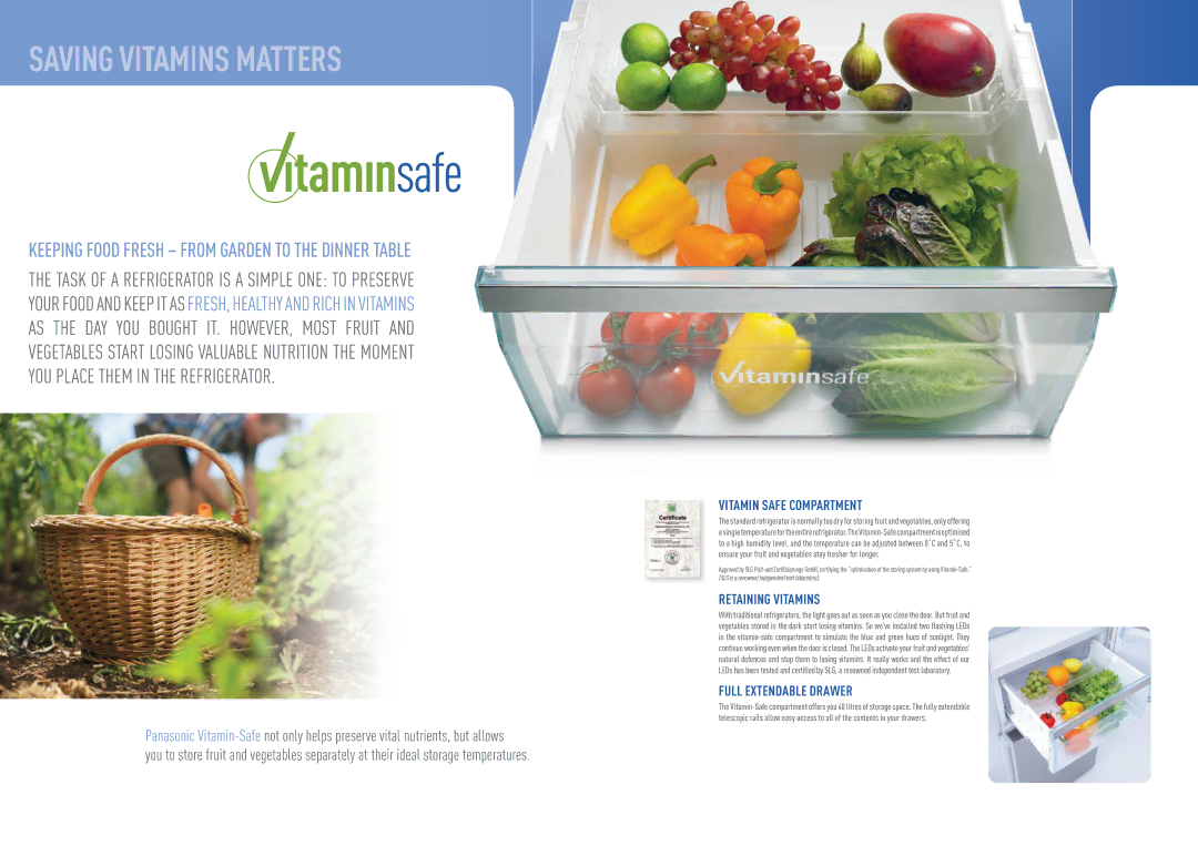 Panasonic NR-B30FX1-XB manual Saving Vitamins Matters, Vitamin Safe compartment, Retaining Vitamins, Full extendable drawer 