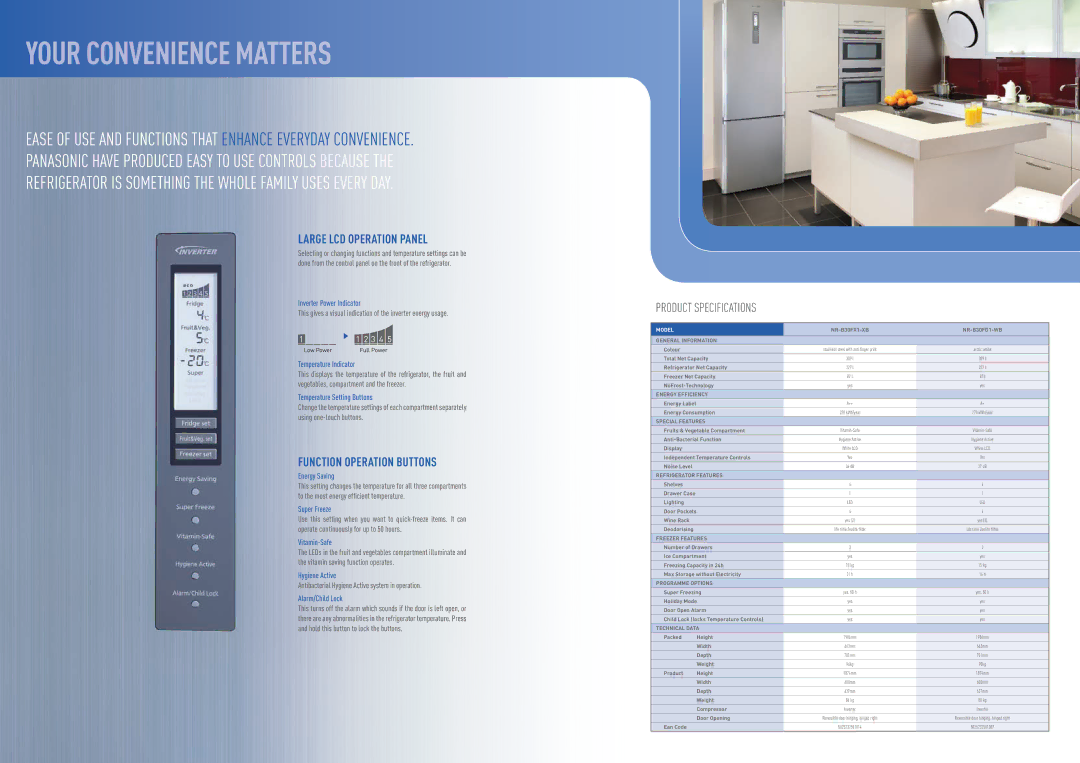 Panasonic NR-B30FX1-XB, NR-B30FG1-WB manual Your Convenience Matters, Large LCD Operation Panel, Function Operation Buttons 