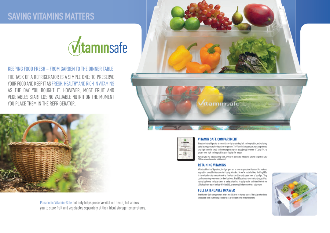 Panasonic NR-B30FX1-XB manual Saving Vitamins Matters, Vitamin Safe compartment, Retaining Vitamins, Full extendable drawer 
