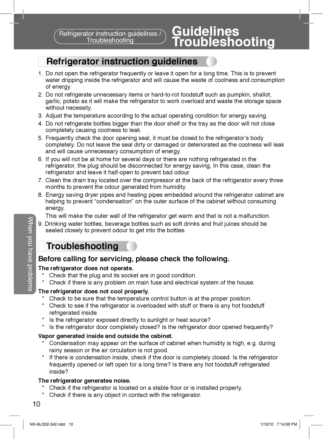 Panasonic NR-BU302, NR-BU342 manual Refrigerator instruction guidelines, Troubleshooting 