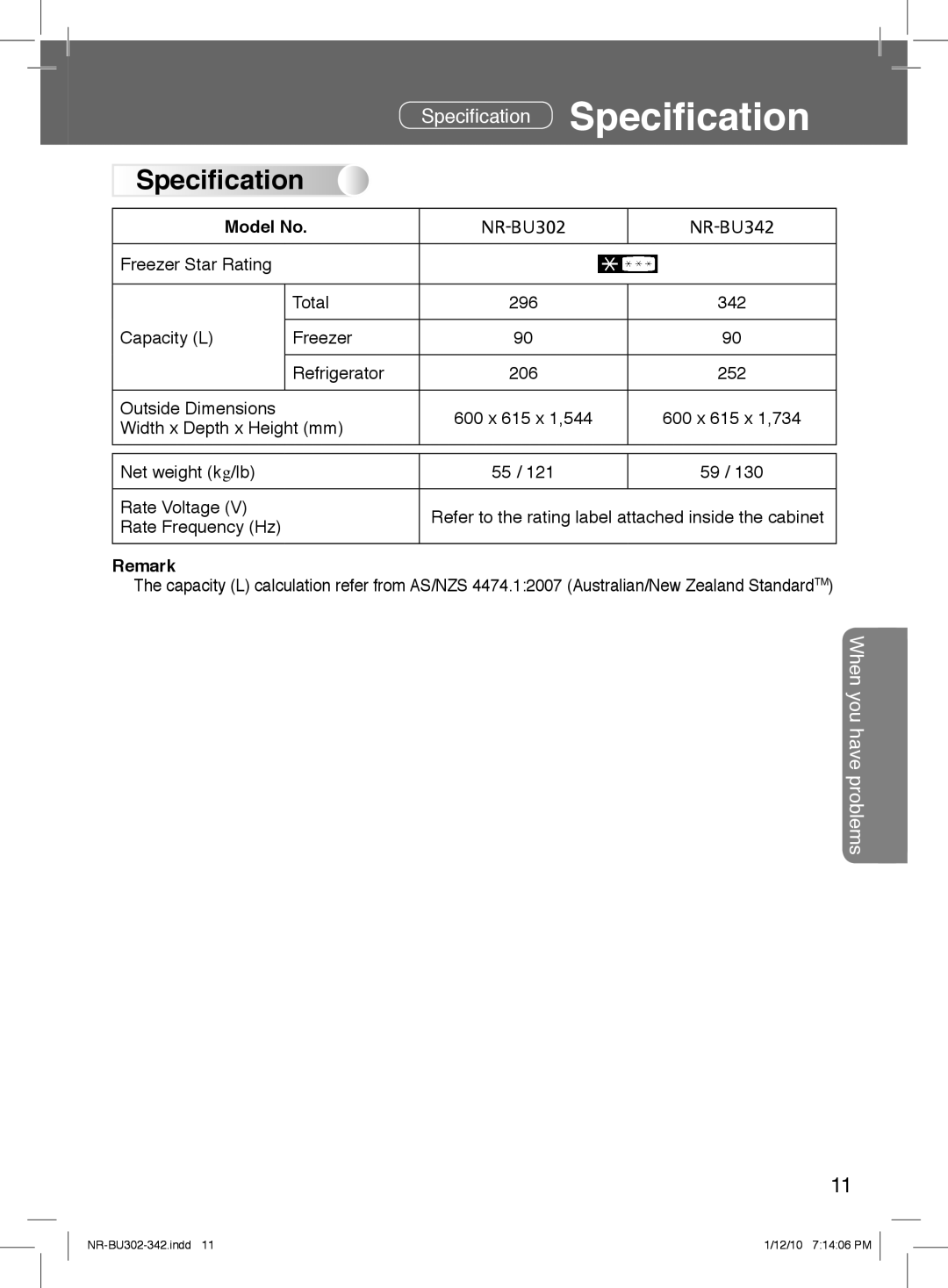 Panasonic NR-BU342, NR-BU302 manual Speciﬁcation, Model No 