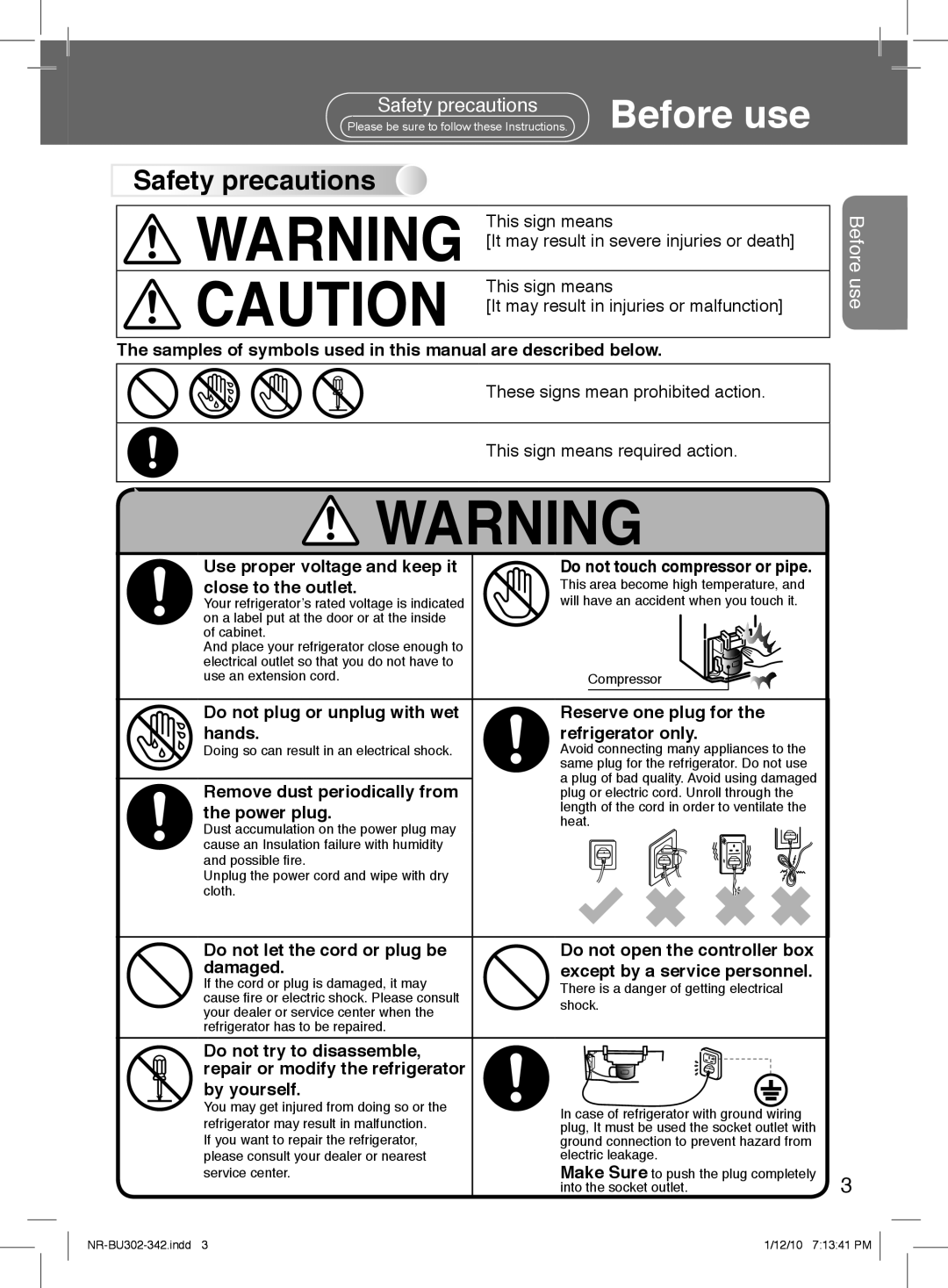 Panasonic NR-BU342, NR-BU302 manual Safety precautions 