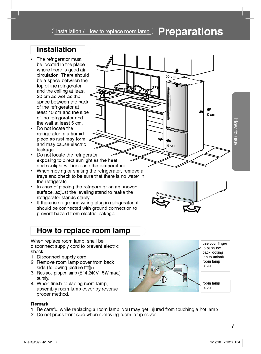 Panasonic NR-BU342, NR-BU302 manual Installation, How to replace room lamp, Remark 