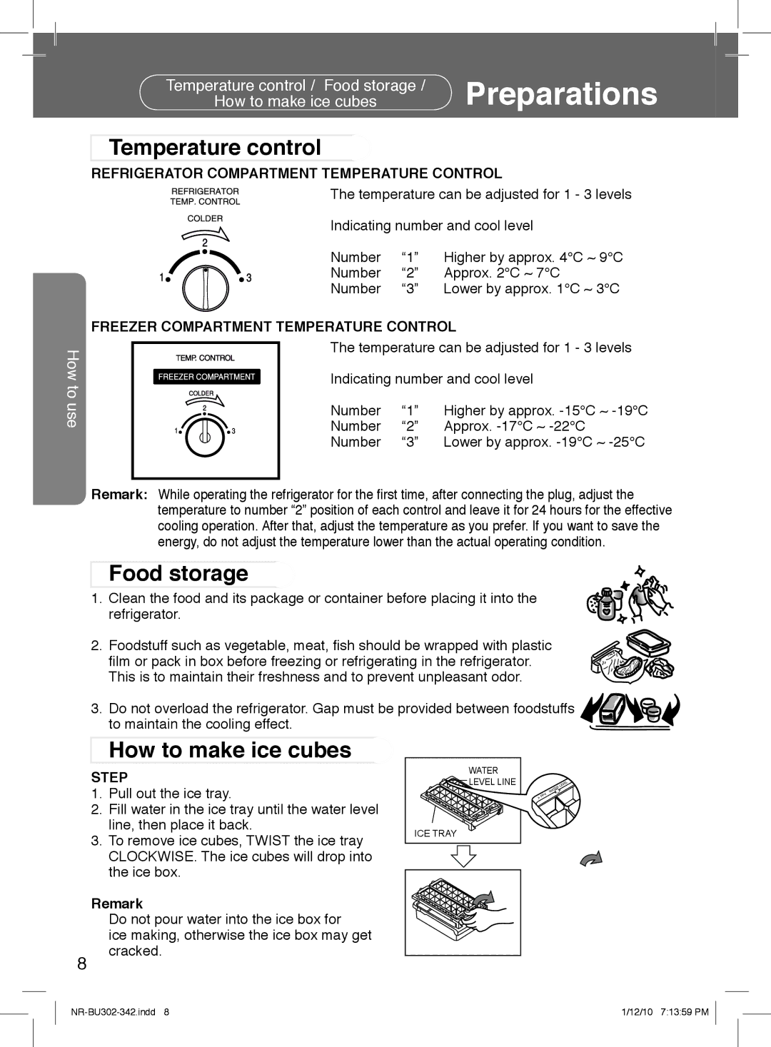 Panasonic NR-BU302, NR-BU342 manual Temperature control, Food storage, How to make ice cubes 