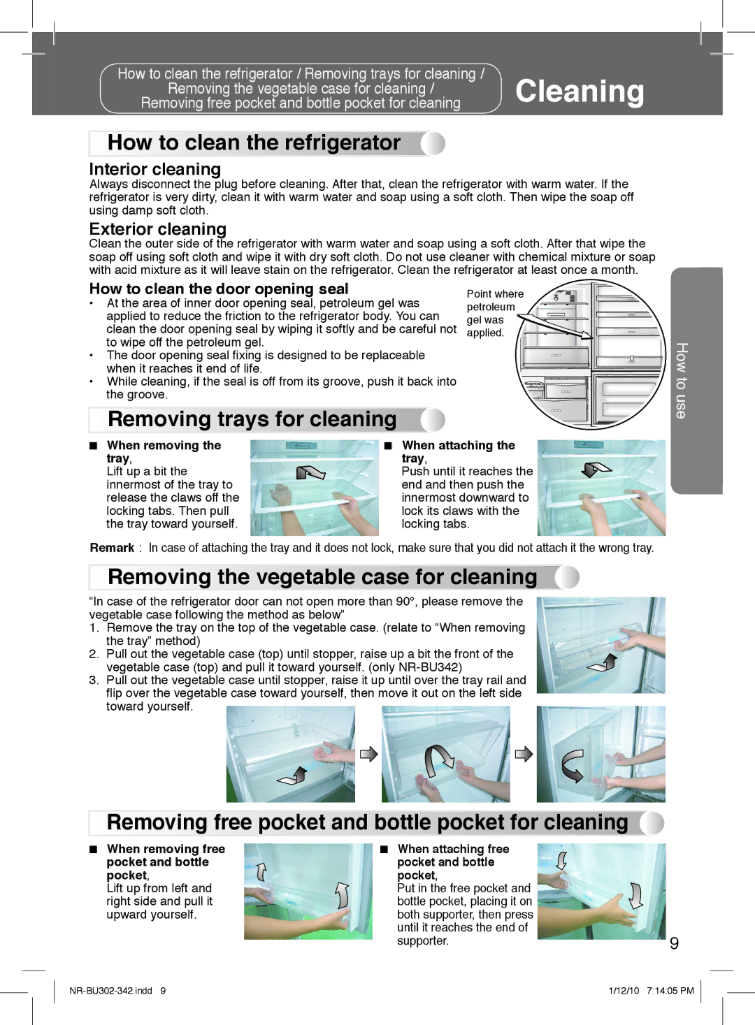 Panasonic NR-BU342 How to clean the refrigerator, Removing trays for cleaning, Removing the vegetable case for cleaning 