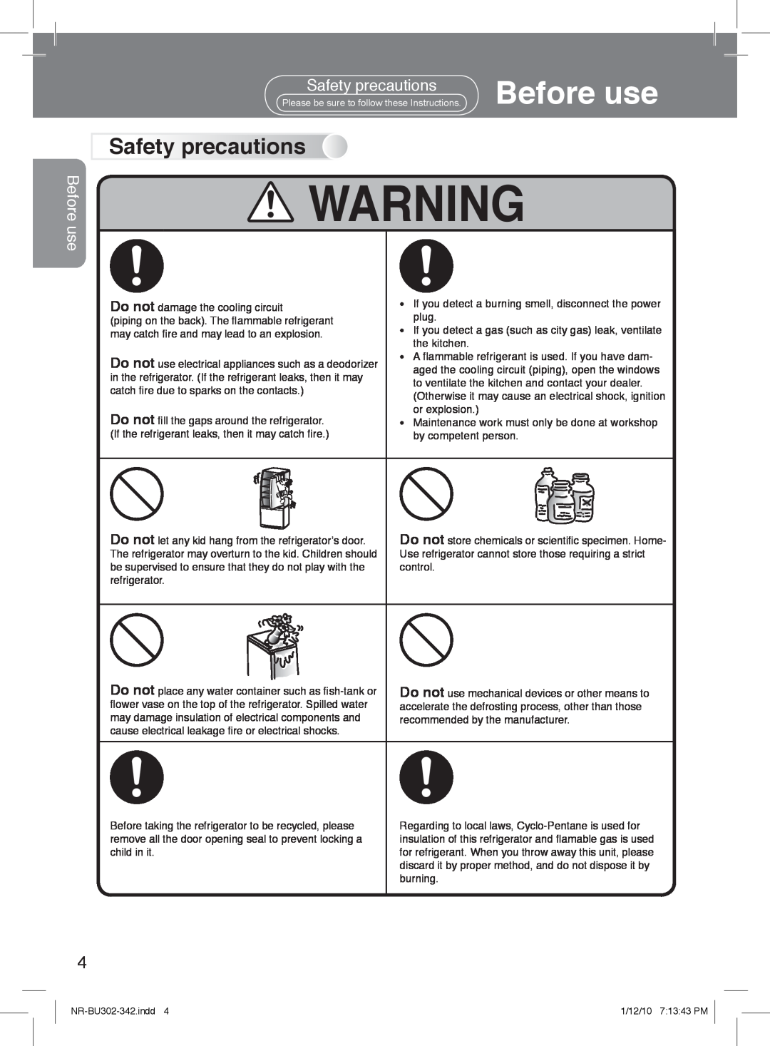 Panasonic NR-BU302, NR-BU342 manual Before use, Safety precautions 